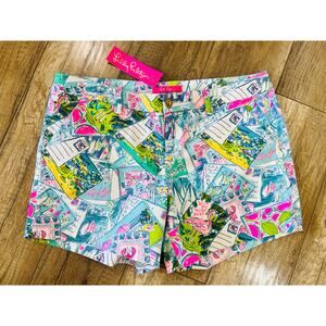 NWT Lilly Pulitzer Callahan Stretch Shorts 12 Wish You Were Here Travel Postcard